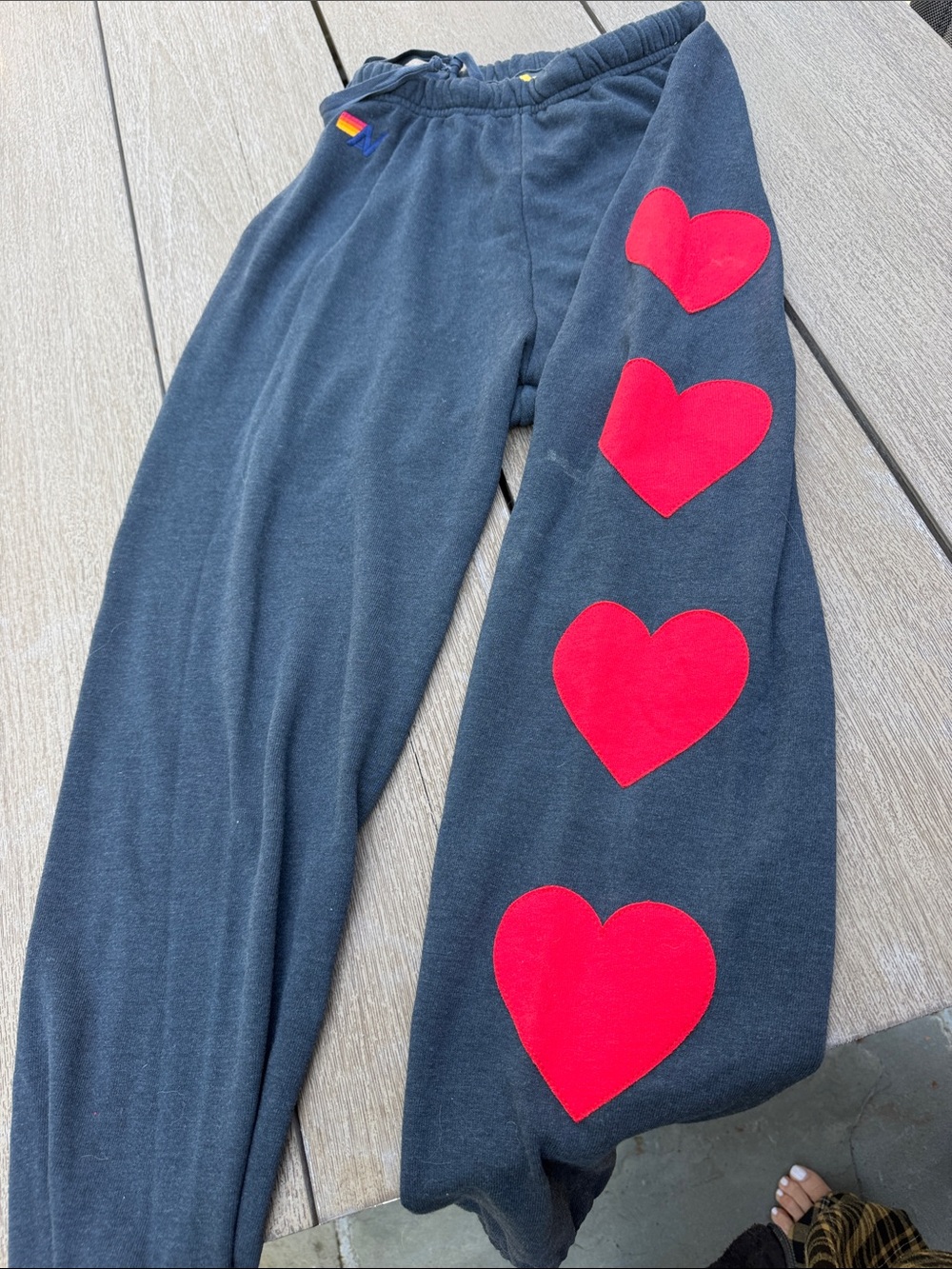 Aviator Nation Black Sweatpants with Red Heart Appliqués